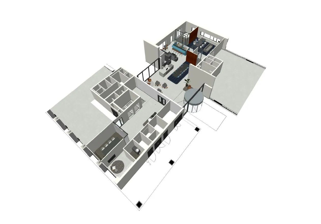 3D-plattegrond van een bedrijfsruimte in Waalhaven-Oost met kantoor-, vergader- en horecaruimtes.